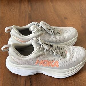 Hoka Bondi 8 Light Gray and Peach Running Shoes